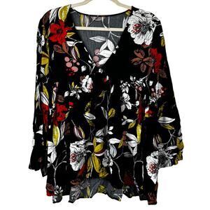 Free People Bella Tunic Top Size Small Black V-Neck Long Sleeve Boho Floral